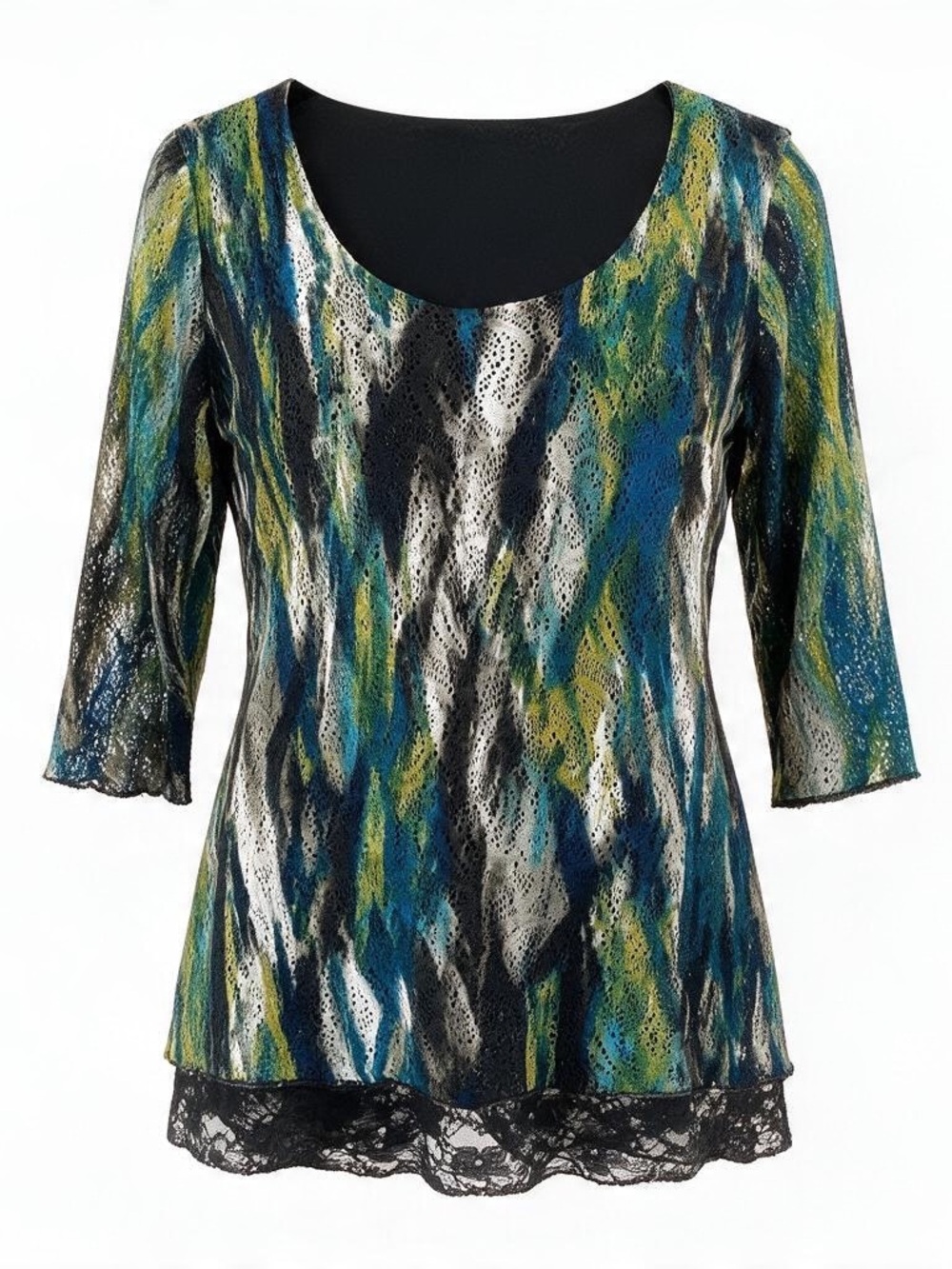 Clientele Watercolor Lace Overlay Frilly Blouse  Size M